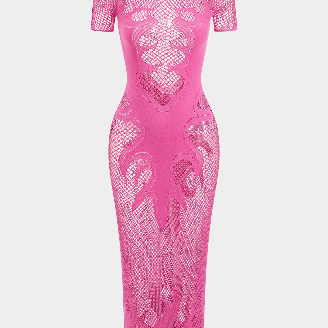 Örgü Kesik Şeffaf Kısa Kol Elbise