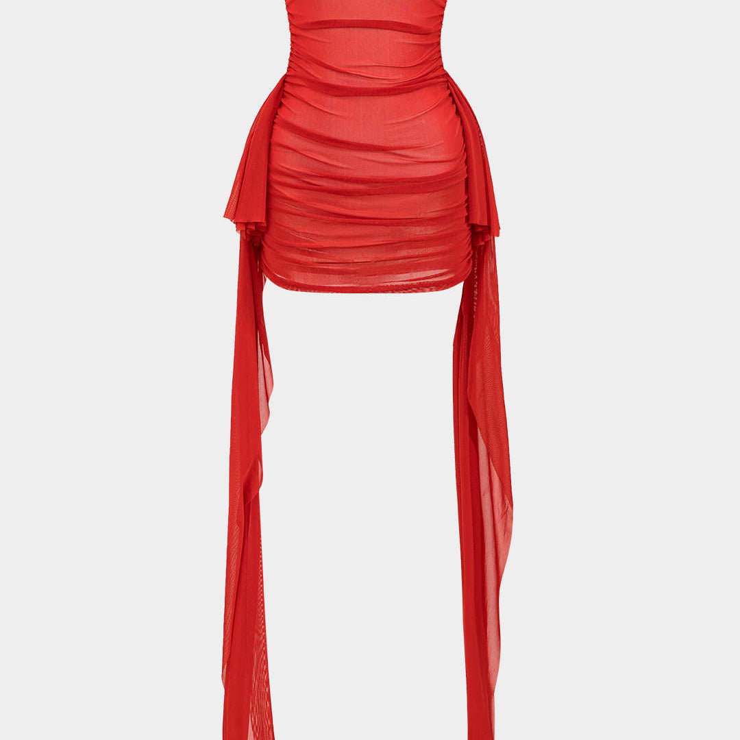 Ağ Mesh Ruched Straplez Mini Elbise