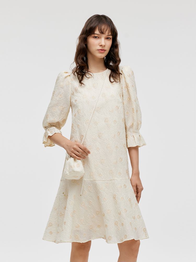 Olyssa Çantalı Jakarlı A-Kesim Fırfırlı Kadın Midi Elbise