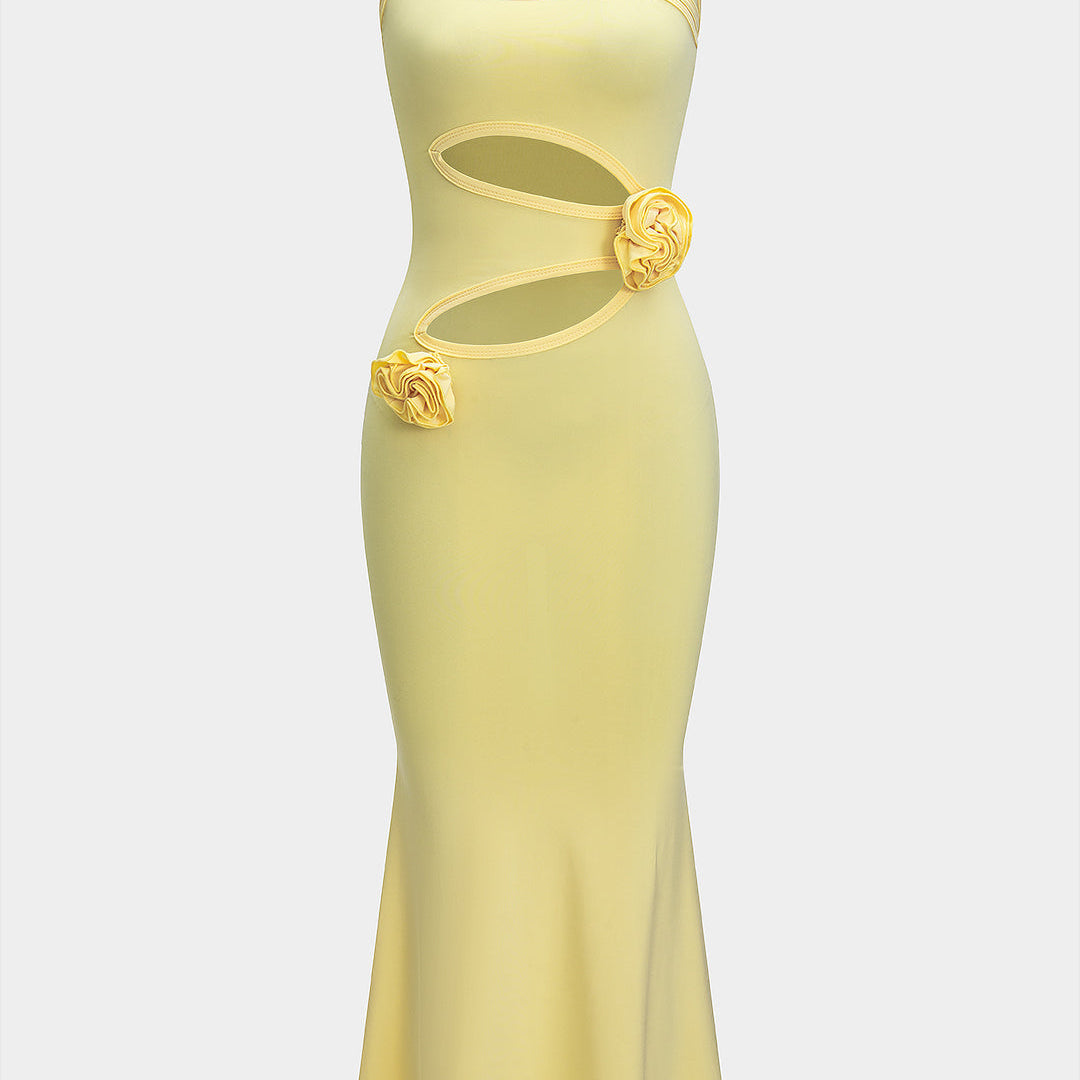 3D Çiçek Kesim Sıfır Kollu Deniz Kızı Maxi Elbise