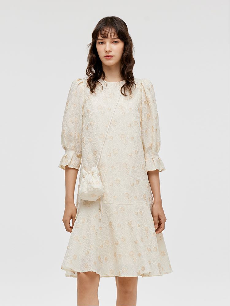 Olyssa Çantalı Jakarlı A-Kesim Fırfırlı Kadın Midi Elbise