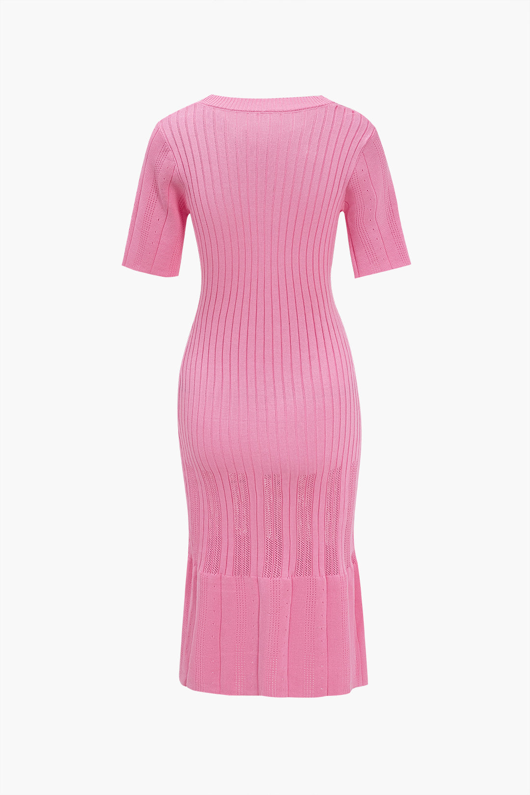 Düz Örgü Düğmeli Yuvarlak Yaka Kısa Kollu Elbise