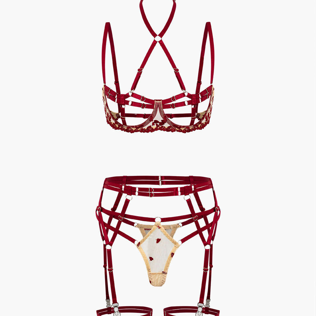 Tül Parchwork Metalik Kalp Şekilli Yüzük Kesik Detaylı Jartiyer Takımı