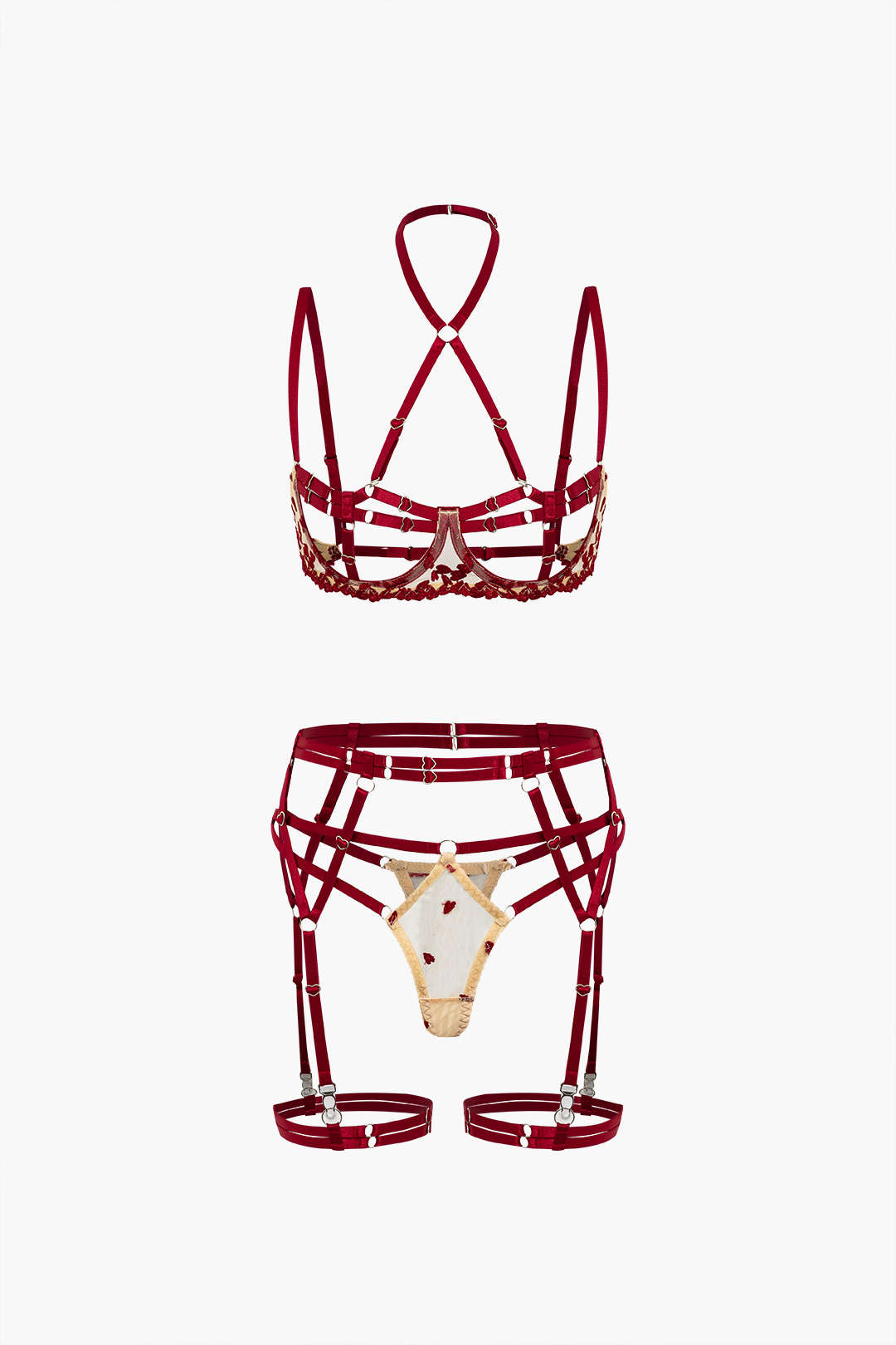 Tül Parchwork Metalik Kalp Şekilli Yüzük Kesik Detaylı Jartiyer Takımı