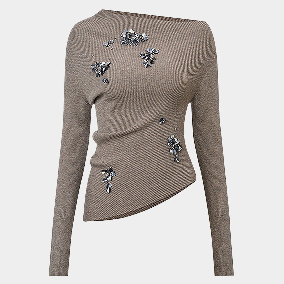 3D Floral Asymmetrical Shoulder Uzun Kollu Üst