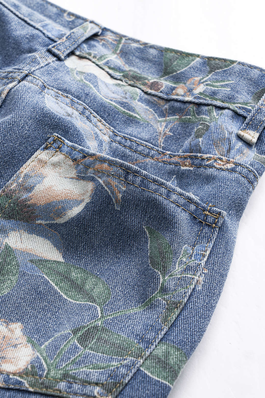 Retro Çiçek Desenli Denim Düğmeli Cepli Geniş Paça Kot Pantolon