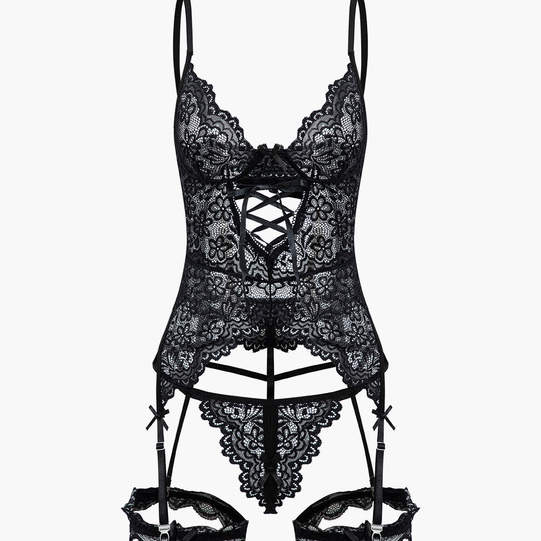 Düz Renk Kesik Dantel İç Giyim Garter Seti