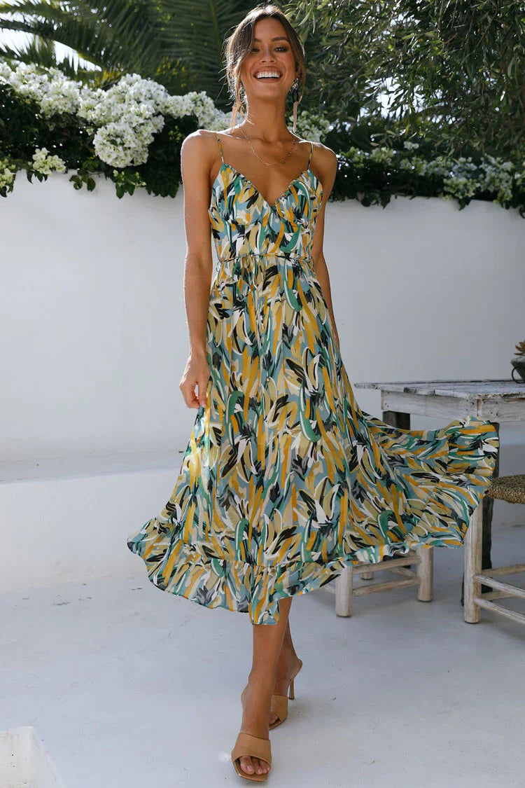 Olyssa Kamelia Baskılı Pileli V Yaka Elbise