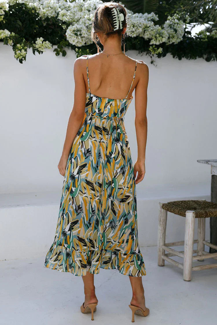 Olyssa Kamelia Baskılı Pileli V Yaka Elbise