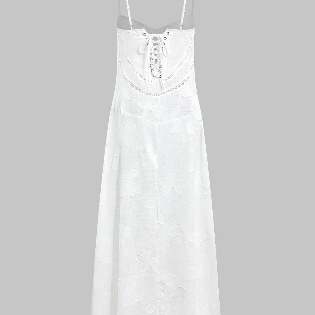 Çiçek Desenli Dokulu Örgü Bağcıklı Maxi Elbise