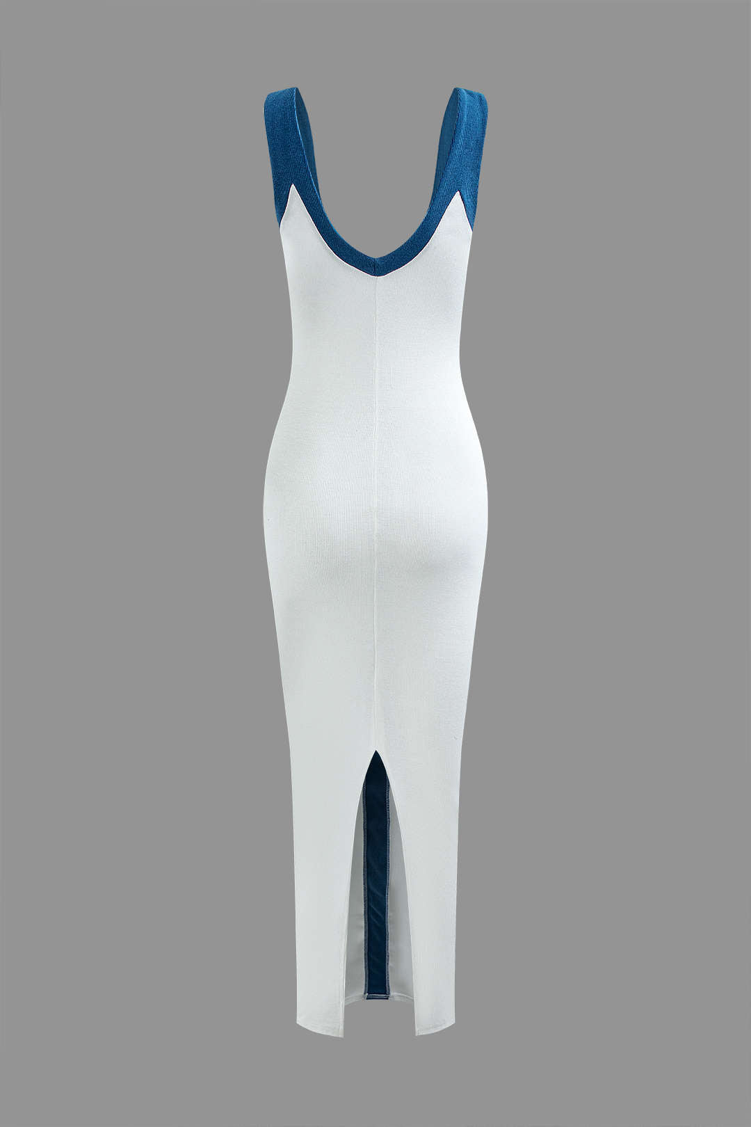 Renk Bloklu V Yaka Ribana Kesik Maxi Elbise