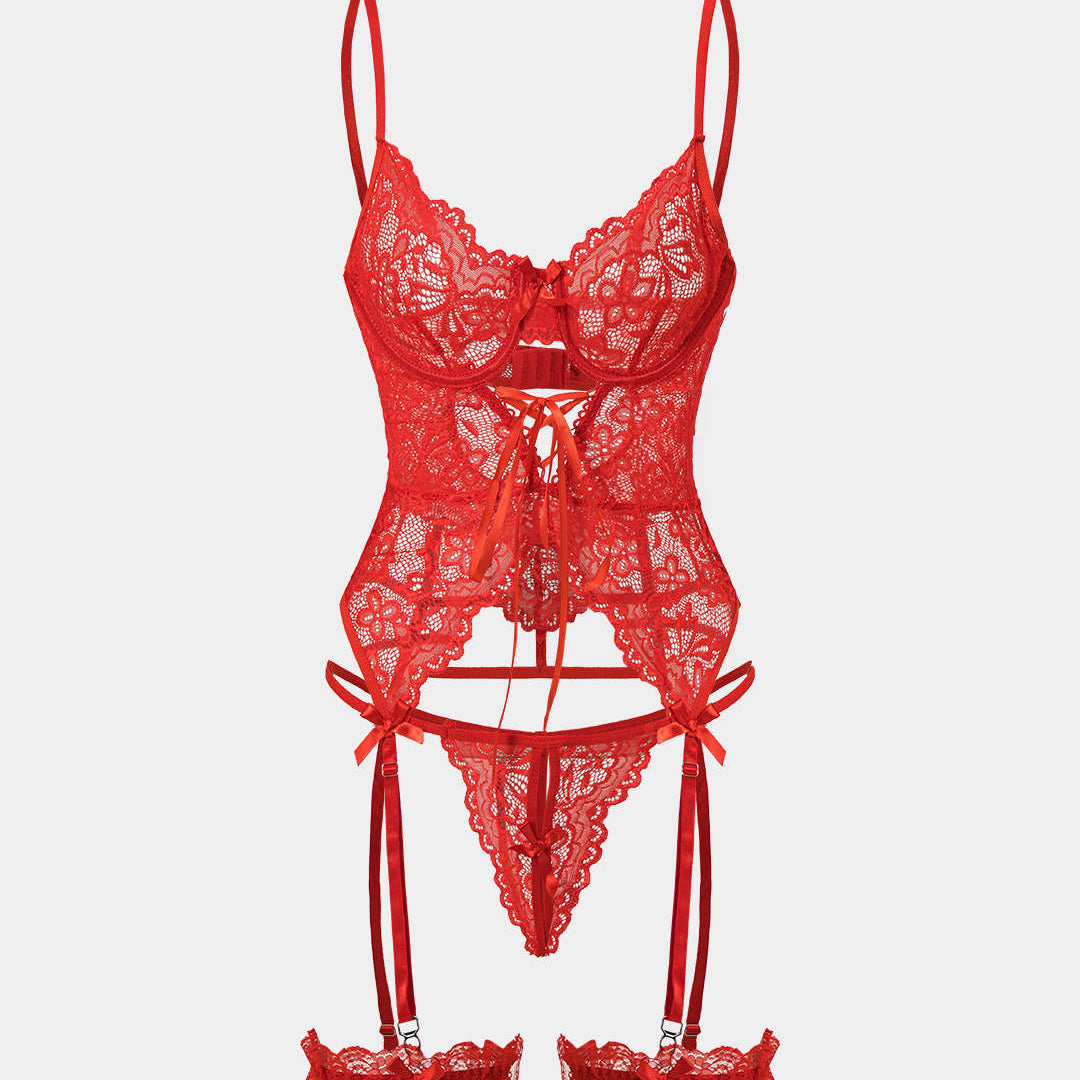 Kesik Detaylı Bağcıklı Sırt Dekolteli İç Giyim Garter Seti