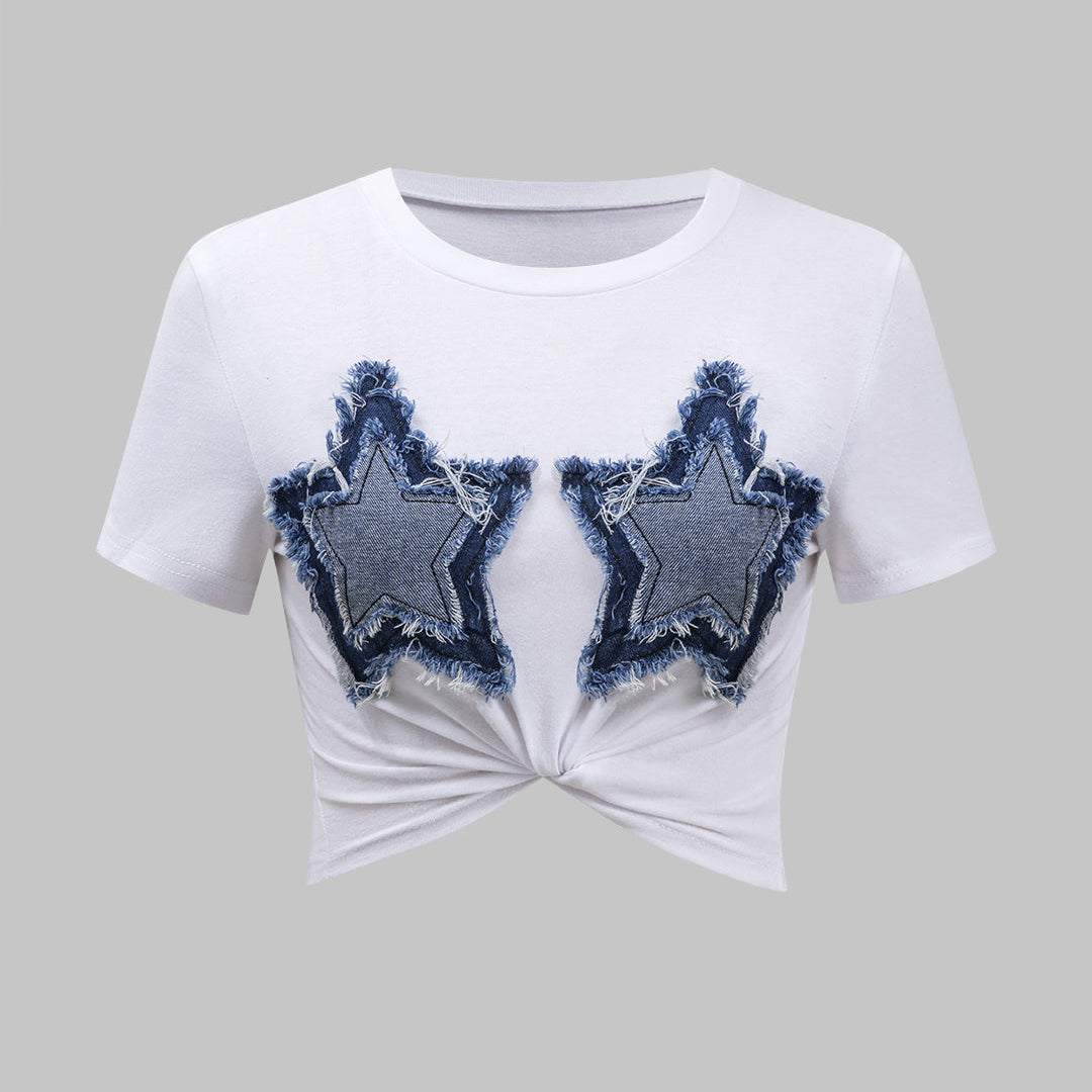 Yıldız Yırtık Paca Patchwork Dönme Düğüm Kısa Kollu Tişört