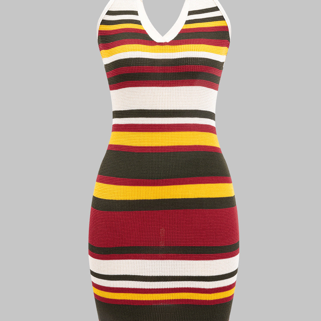 Örgü Kontrast Halter Yaka Sırt Açık Kolsuz Elbise