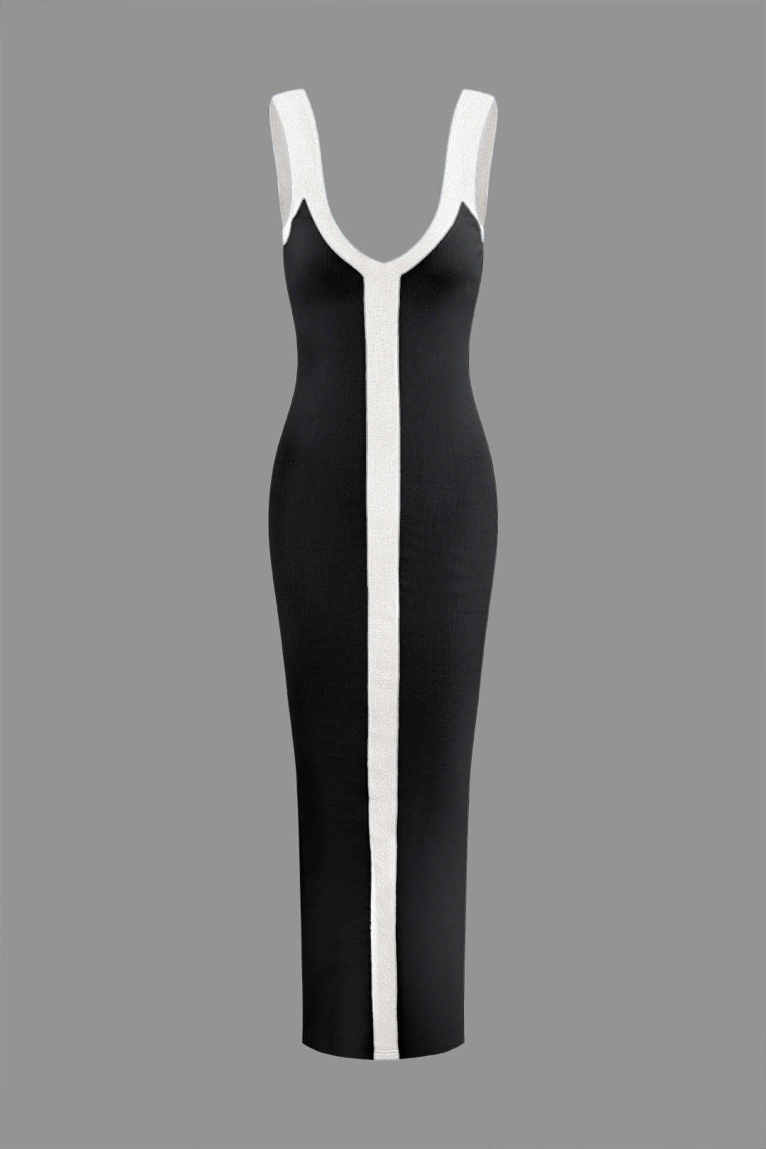 Renk Bloklu V Yaka Ribana Kesik Maxi Elbise