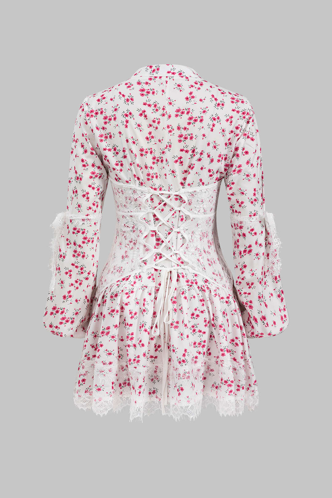 Dantel Kenar Detaylı Ditsy Çiçek Desenli Uzun Kollu Mini Elbise