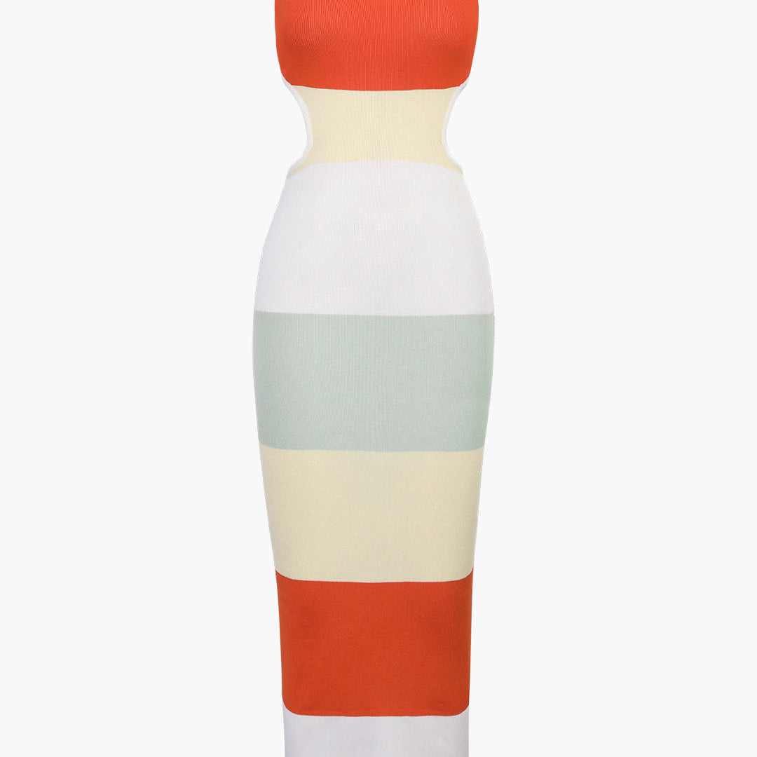 Çok Renkli Çizgili Triko Sırt Açık Maxi Elbise