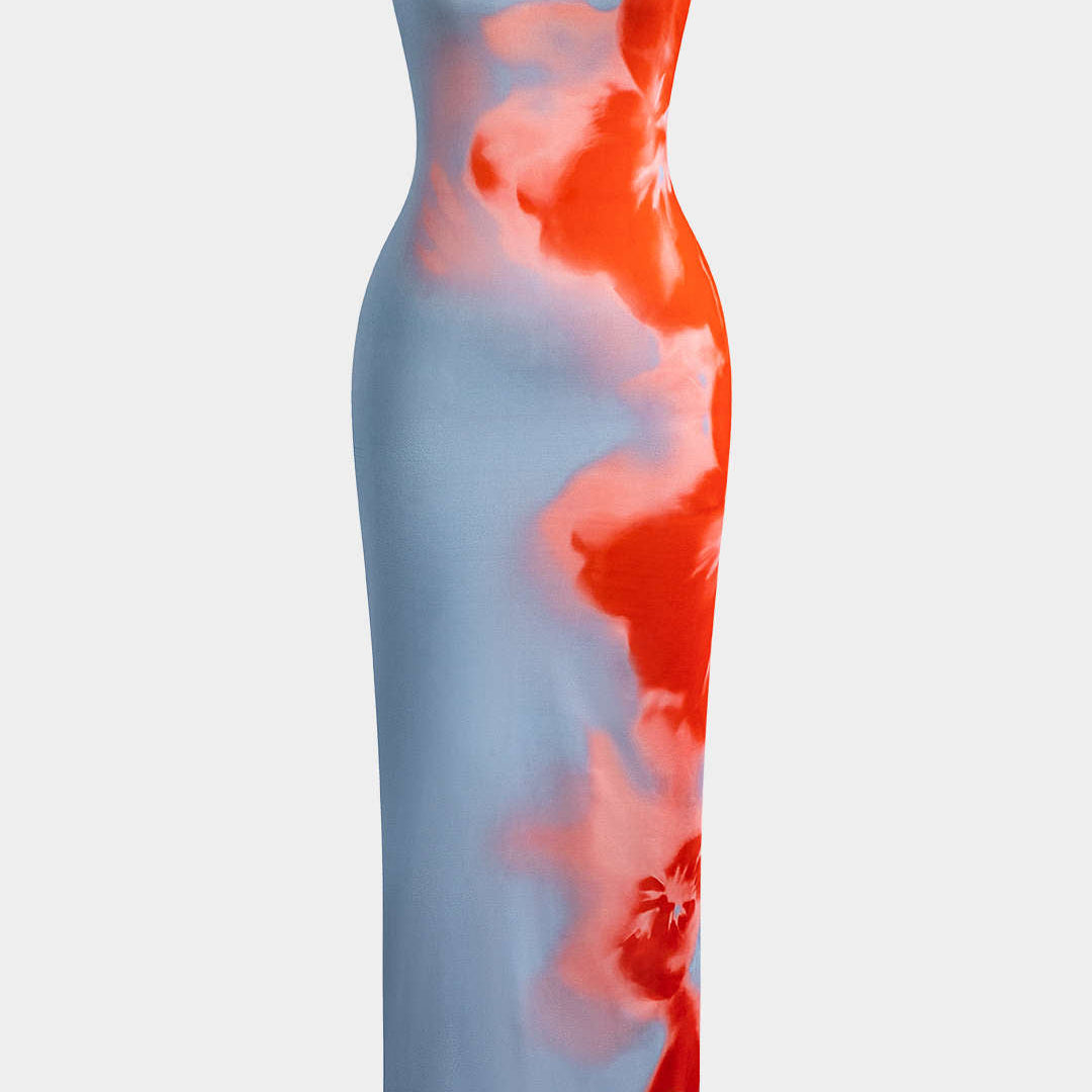 Çiçek Desenli Yırtmaçlı Maxi Elbise