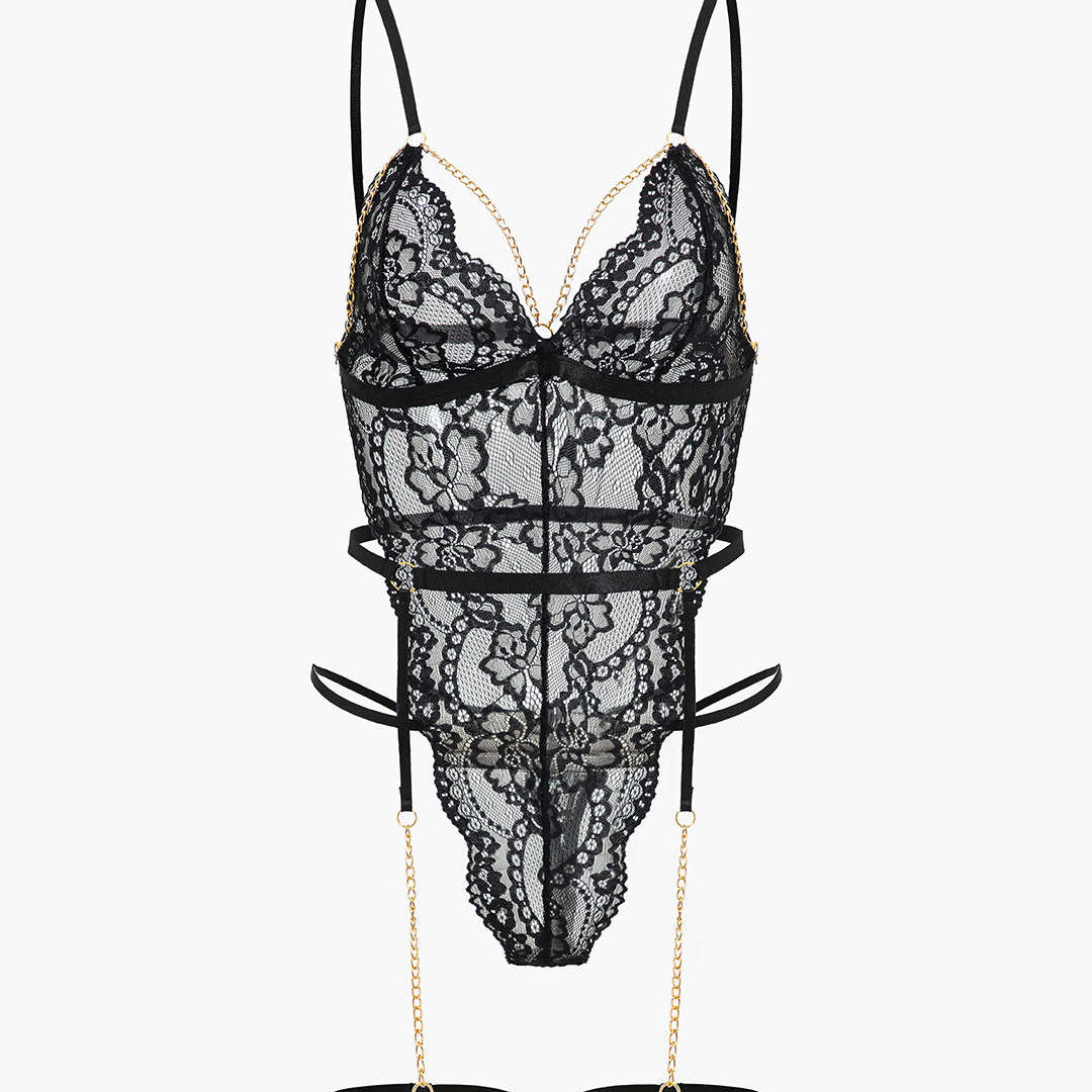 Dantel Metalik Zincir Kesik Detaylı Şeffaf İç Giyim Garter Seti