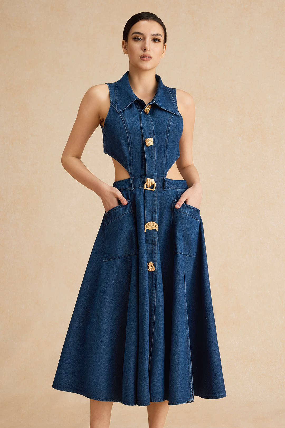 Denim Düğme Kesik Elbise