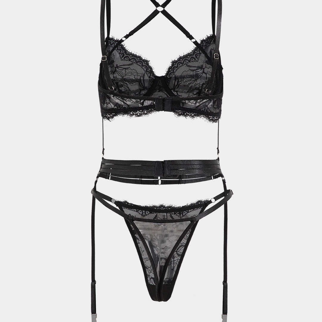 Dantel Nakışlı Çapraz Detaylı Bustiyer Jartiyer Takımı