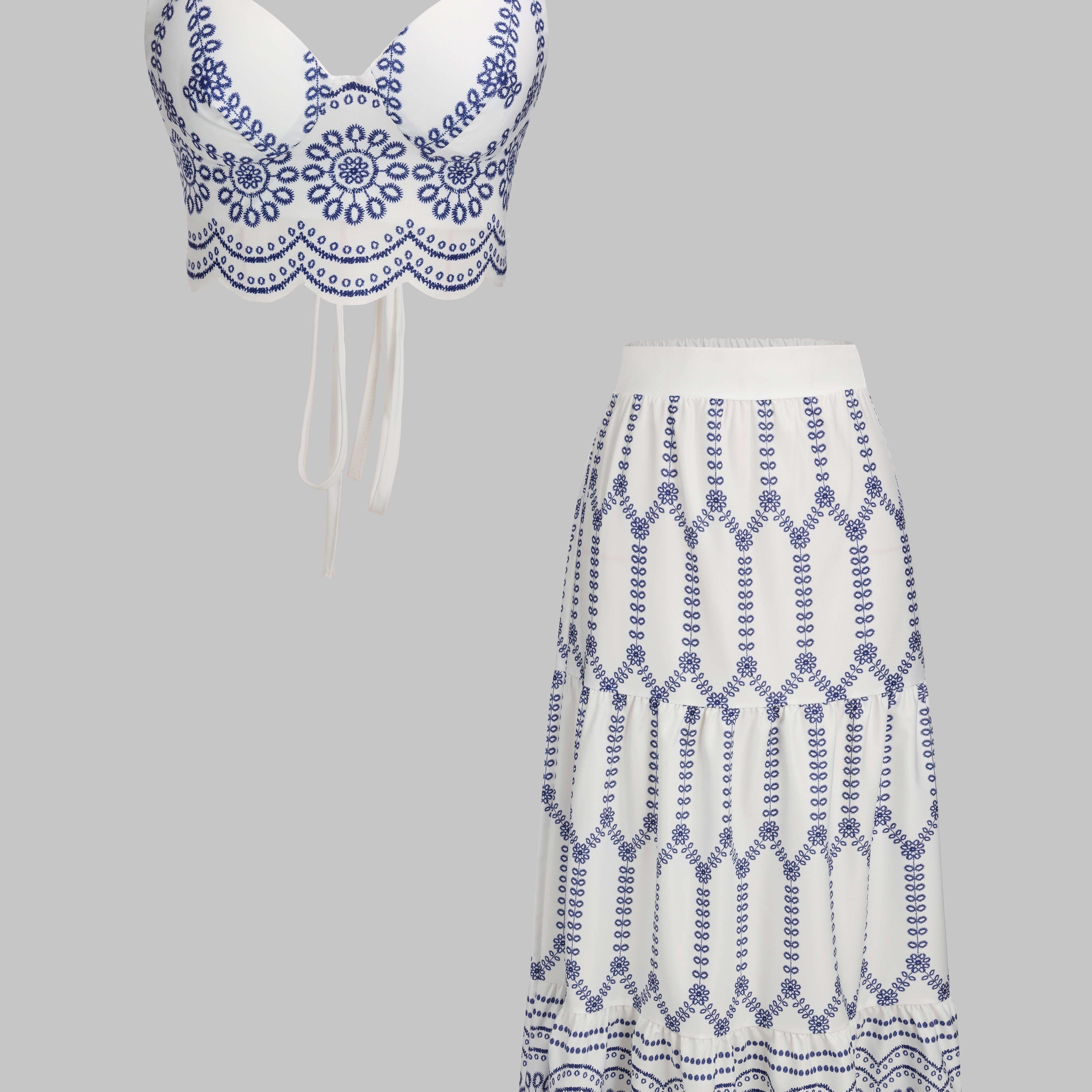 Çiçek Desenli Bağcıklı Sırt Dekolteli Cami Üstü ve Üst Giysi Seti