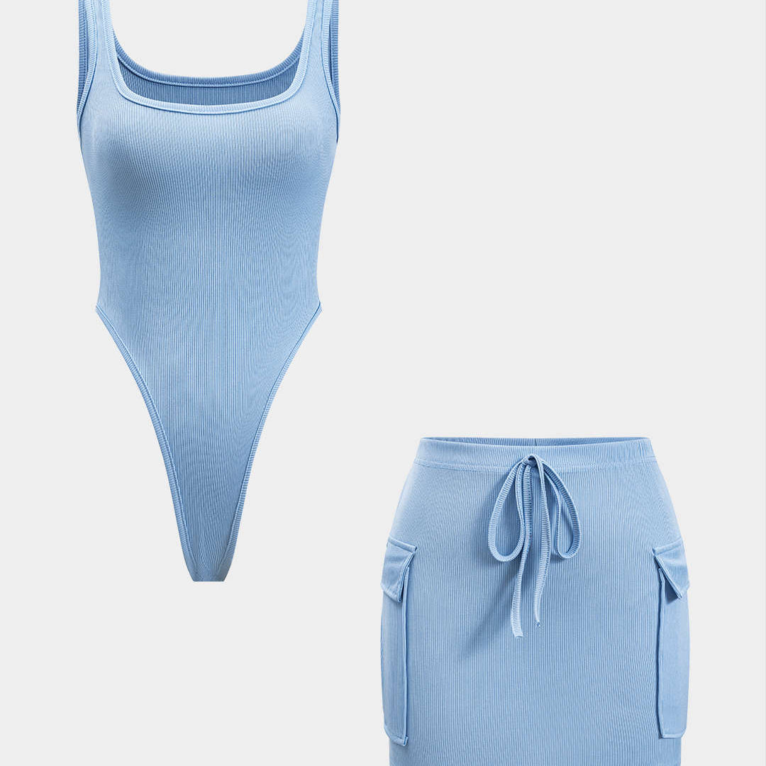 Kolsuz Bodysuit ve Bağlamalı Cep Etek Seti