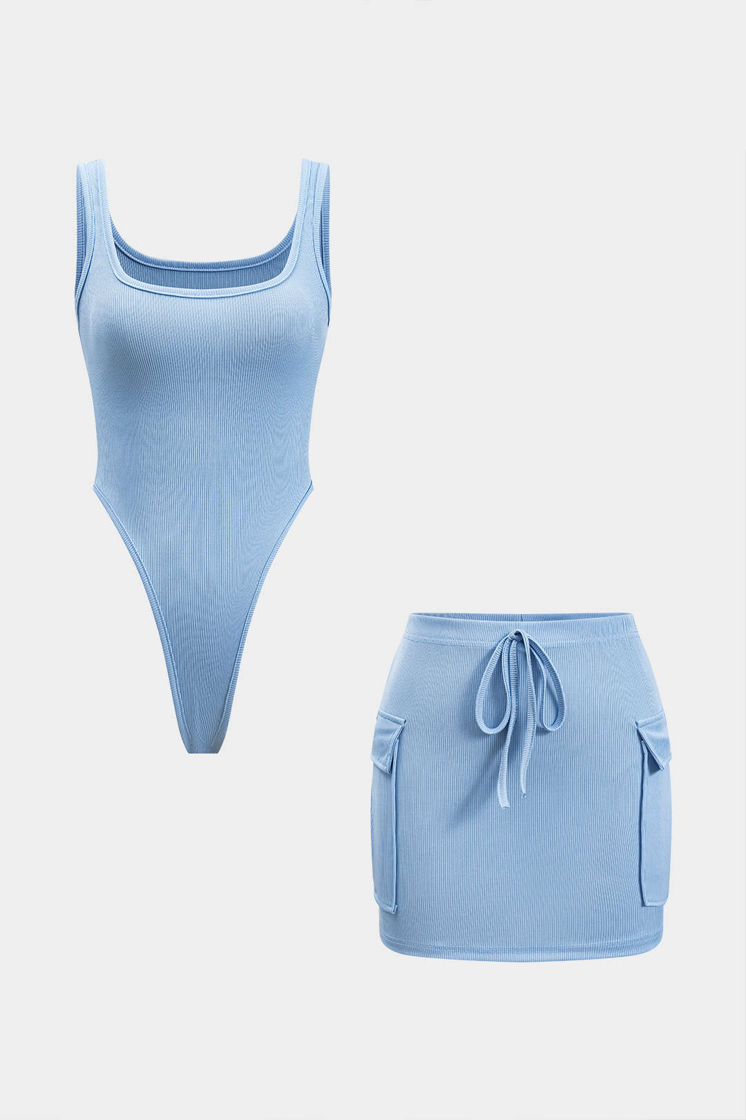 Kolsuz Bodysuit ve Bağlamalı Cep Etek Seti