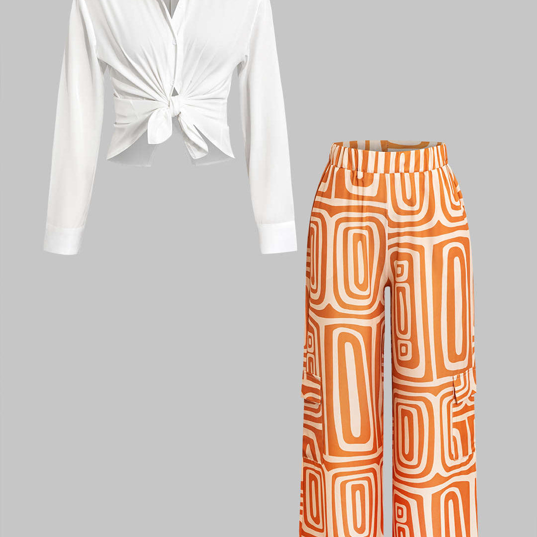 Sıcak Düğüm Gömlek Ve Sanatsal Baskı Pantolon Seti