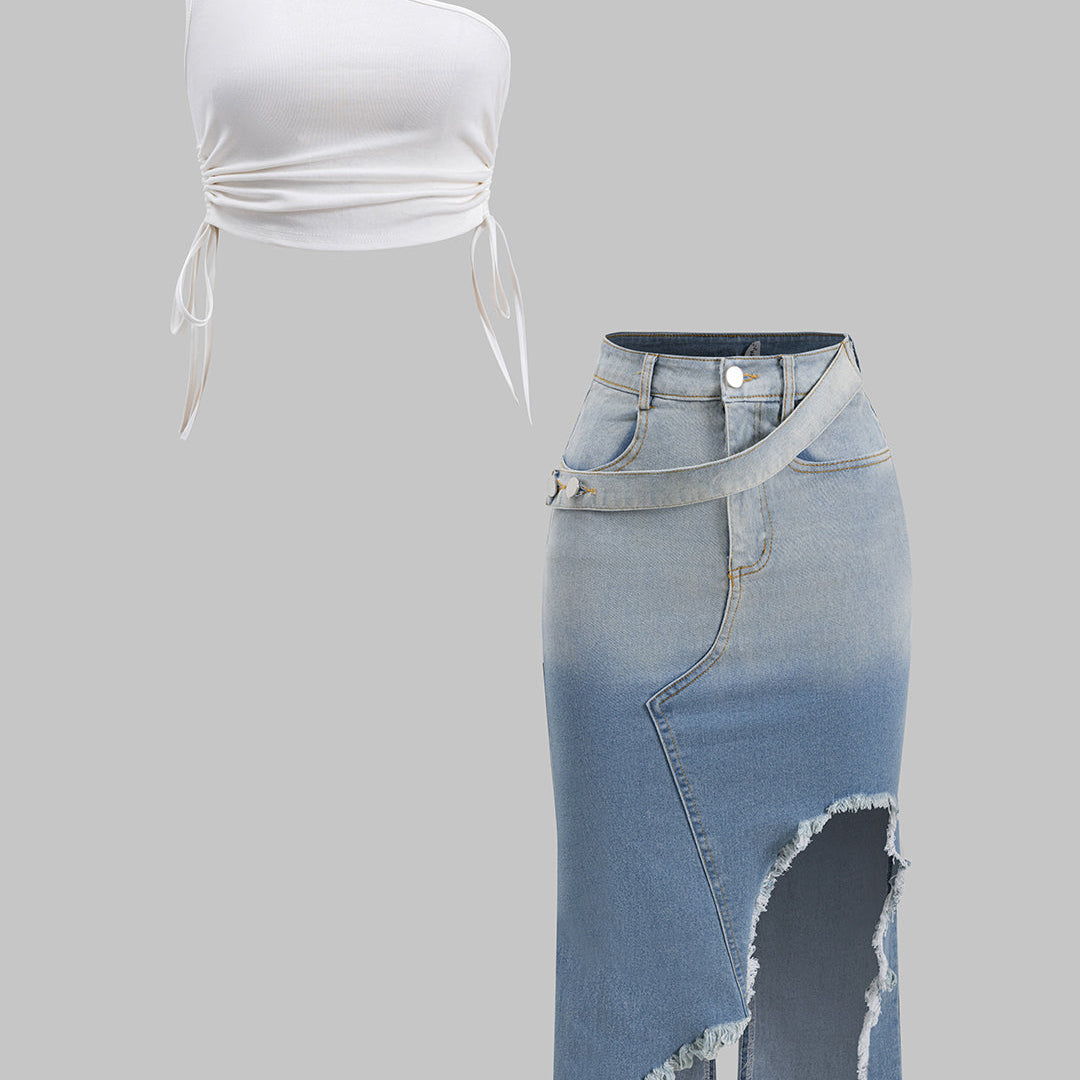 Büzgülü Tek Omuz Asimetrik Çekme Üst ve Denim Yıkanmış Düğme Cepli Yarık Etek Seti