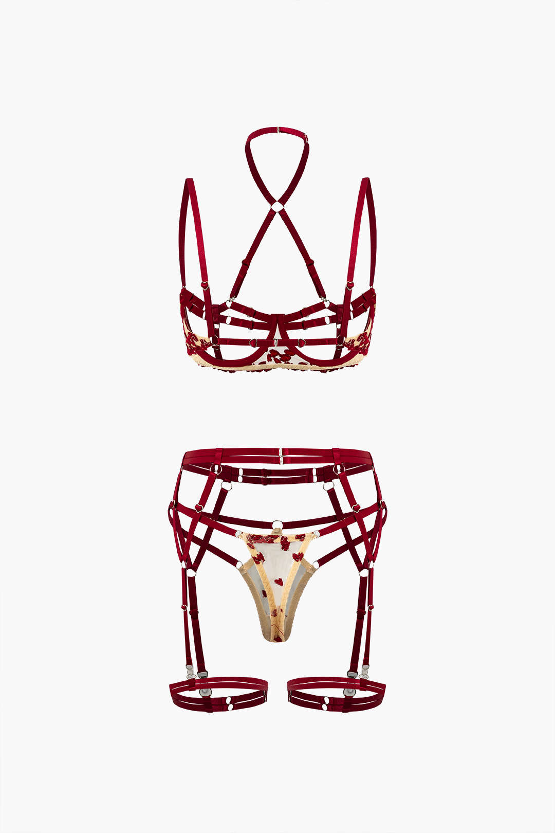 Tül Parchwork Metalik Kalp Şekilli Yüzük Kesik Detaylı Jartiyer Takımı