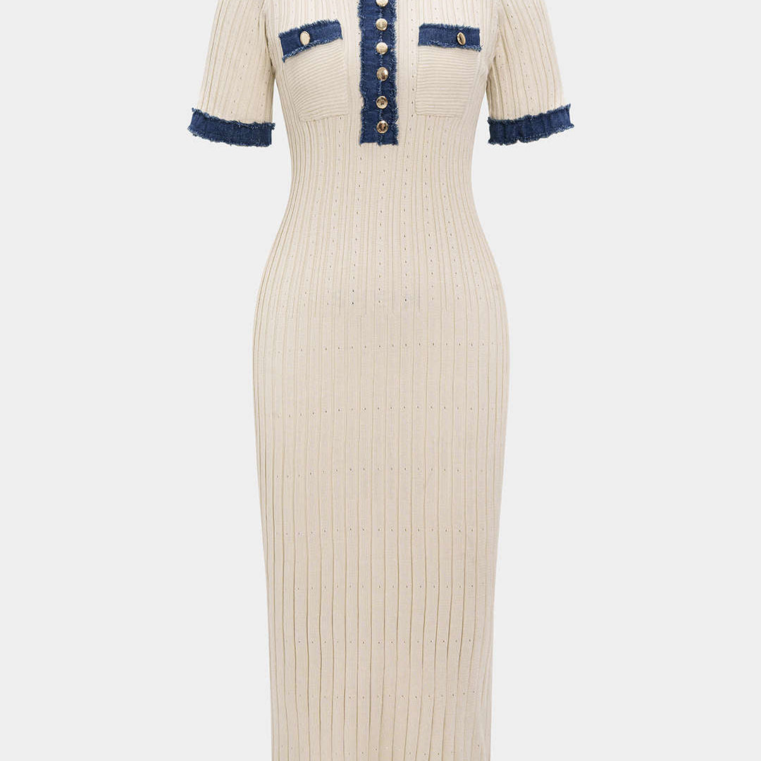 Denim Patçalı Metalik Düğmeli Kısa Kollu Maxi Elbise