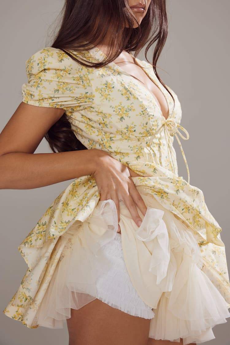 Olyssa Emily Çiçekli V Yaka Korse Mini Elbise