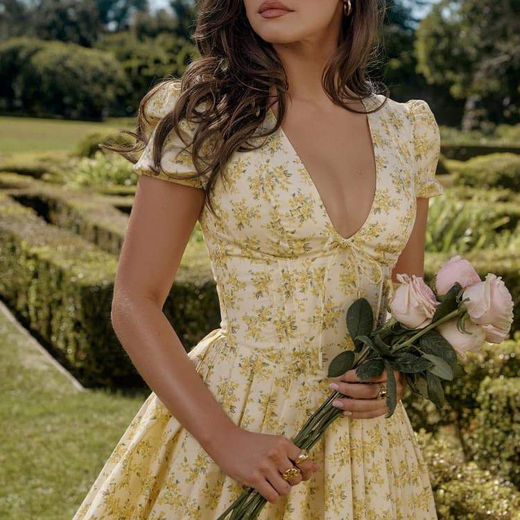 Olyssa Emily Çiçekli V Yaka Korse Mini Elbise