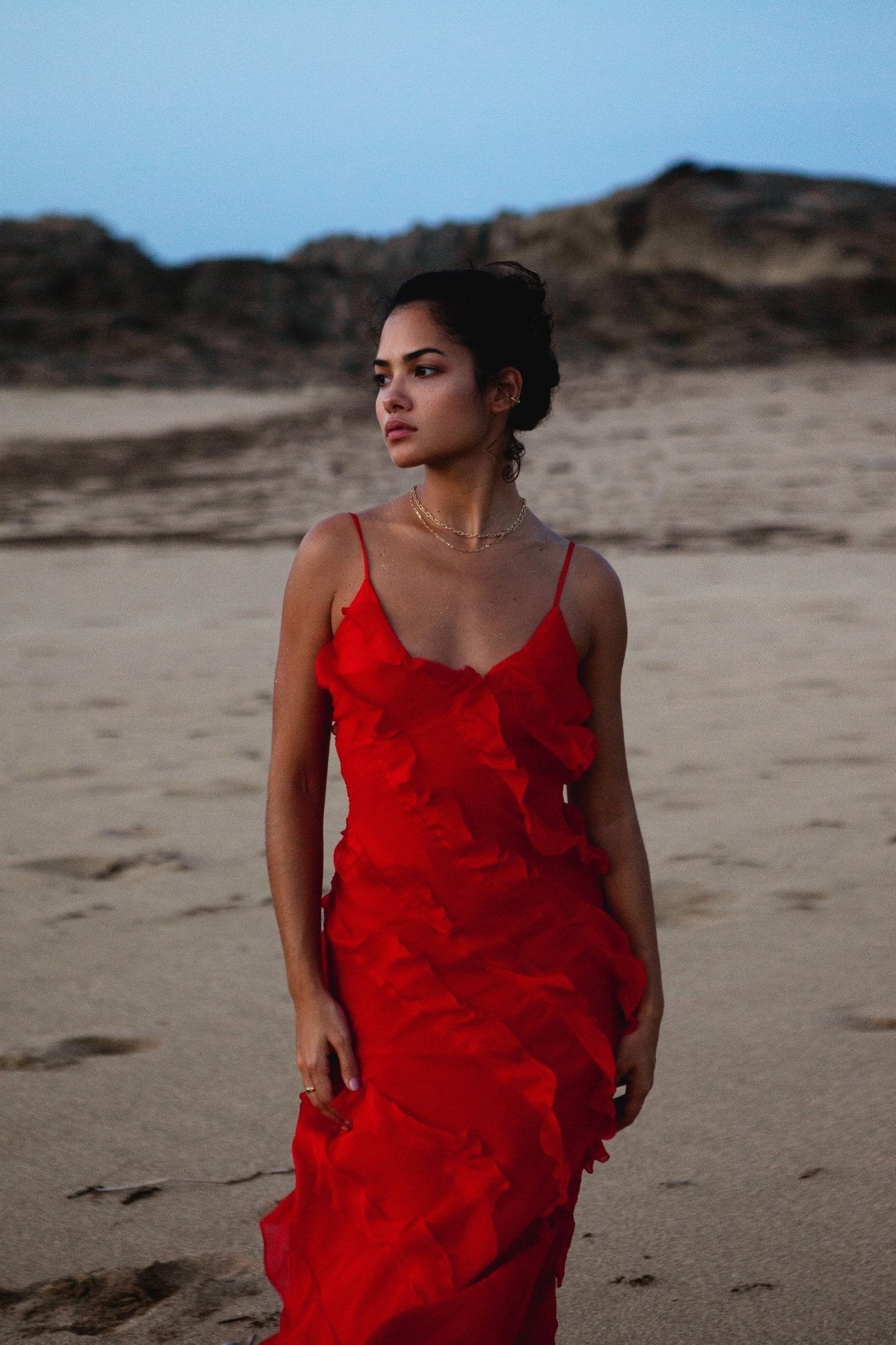 Olyssa Eve Şifon Fırfırlı Uzun Slip Elbise