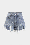 Denim Yüksek Bel Boncuklu Şort