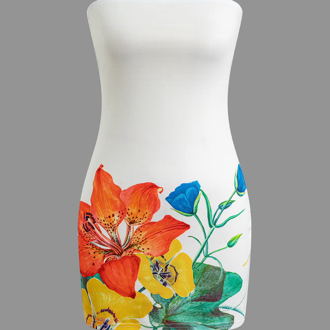 Çiçek Desenli Askısız Mini Elbise