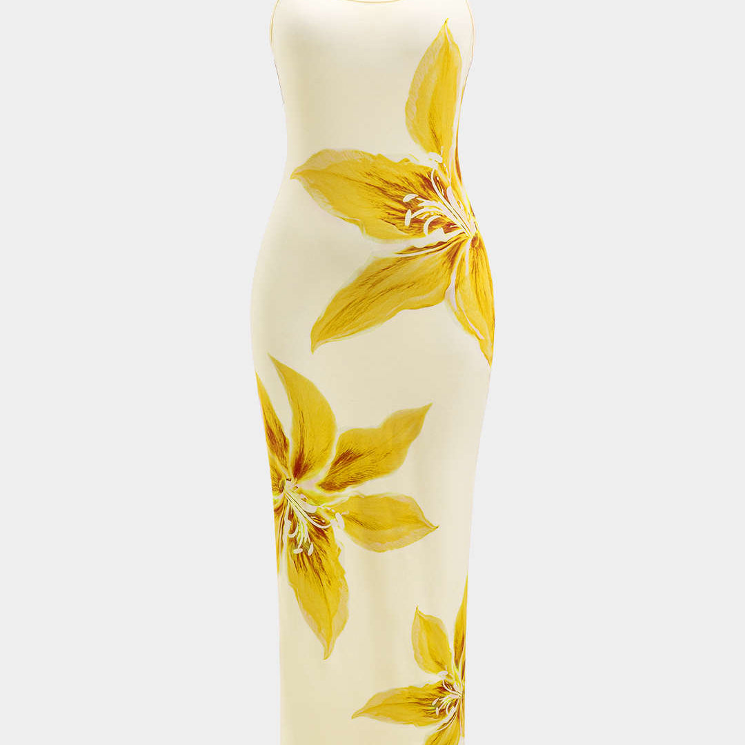 Çiçek Desenli Askısız Maxi Elbise