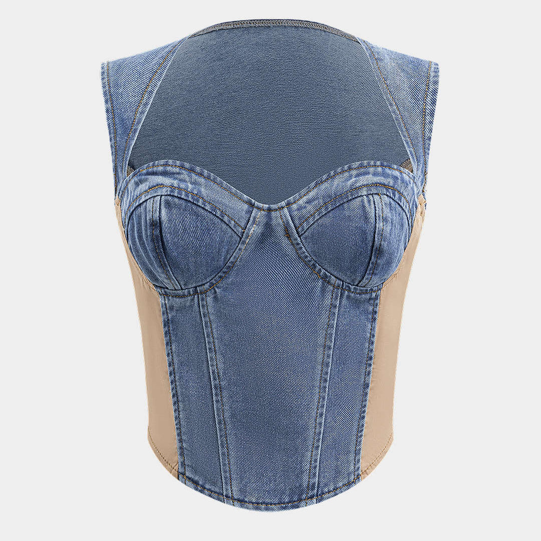 Denim Bustier Patchwork Üst