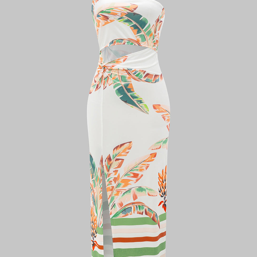 Çiçek Desenli Kesik Omuzlu Kolsuz Yırtmaçlı Midi Elbise