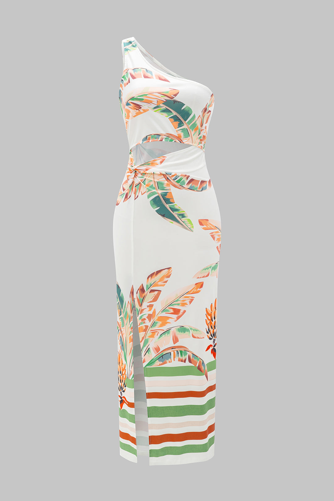 Çiçek Desenli Kesik Omuzlu Kolsuz Yırtmaçlı Midi Elbise