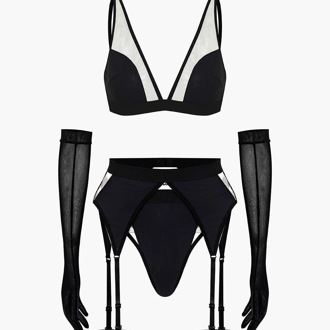 Şeffaf Lingerie Garter Seti ve Mesh Eldiven