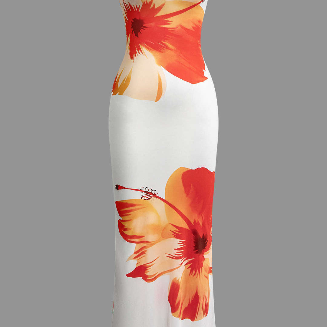 Güneşli Çiçek Desenli Askısız Midi Elbise