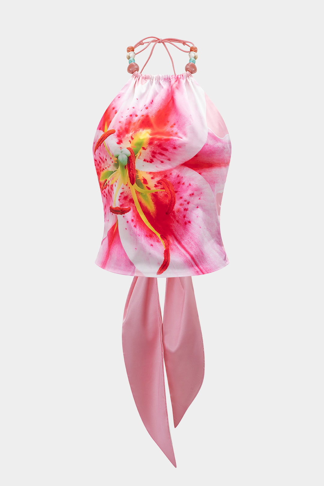 Çiçek Desenli Saten Bağlamalı Sırt Dekolteli Atlet Üst