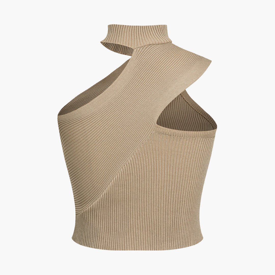 Düz Örgü Asimetrik Yüksek Yaka Kolsuz Üst