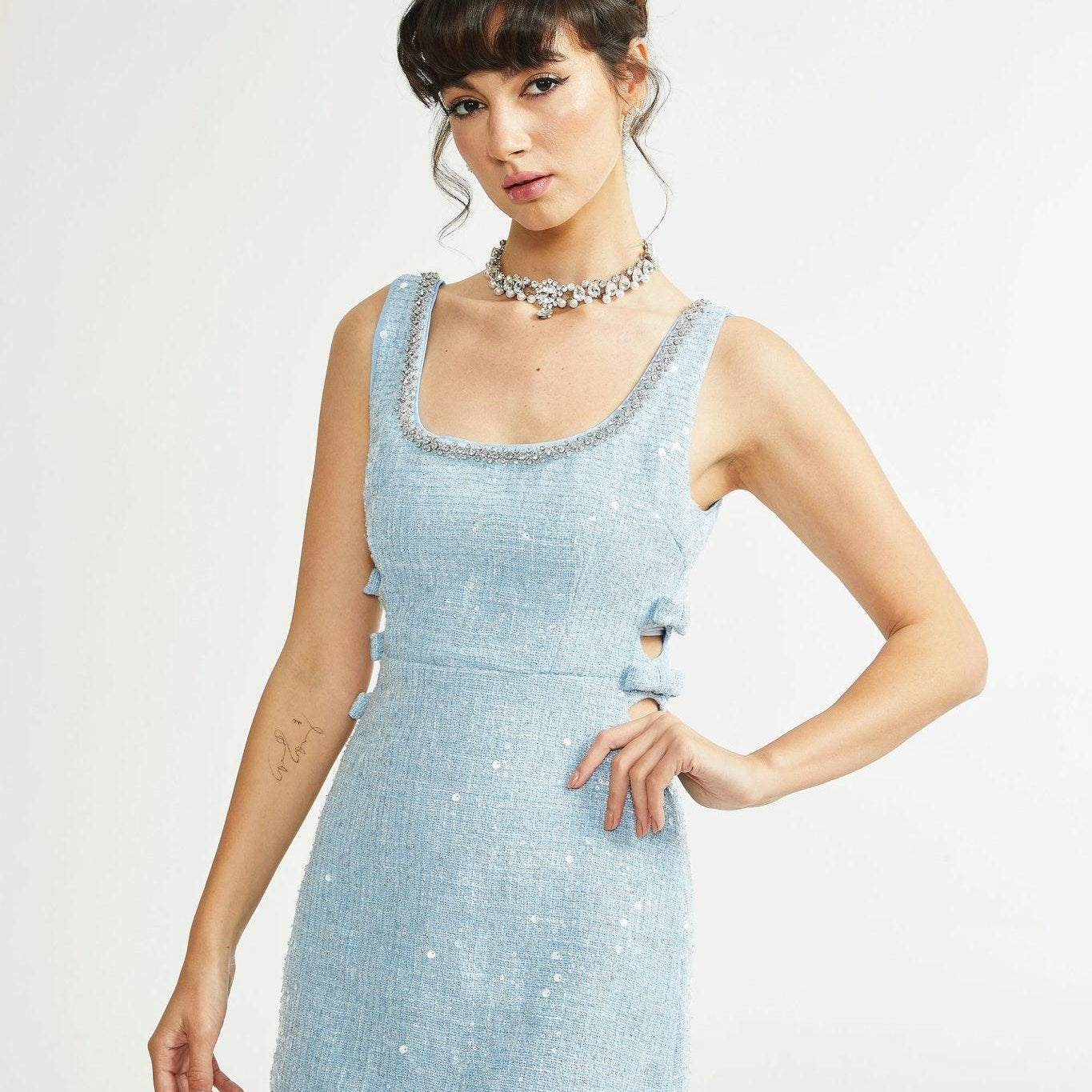 Manon Charm Açık Mavi Işıltılı Tweed Mini Elbise