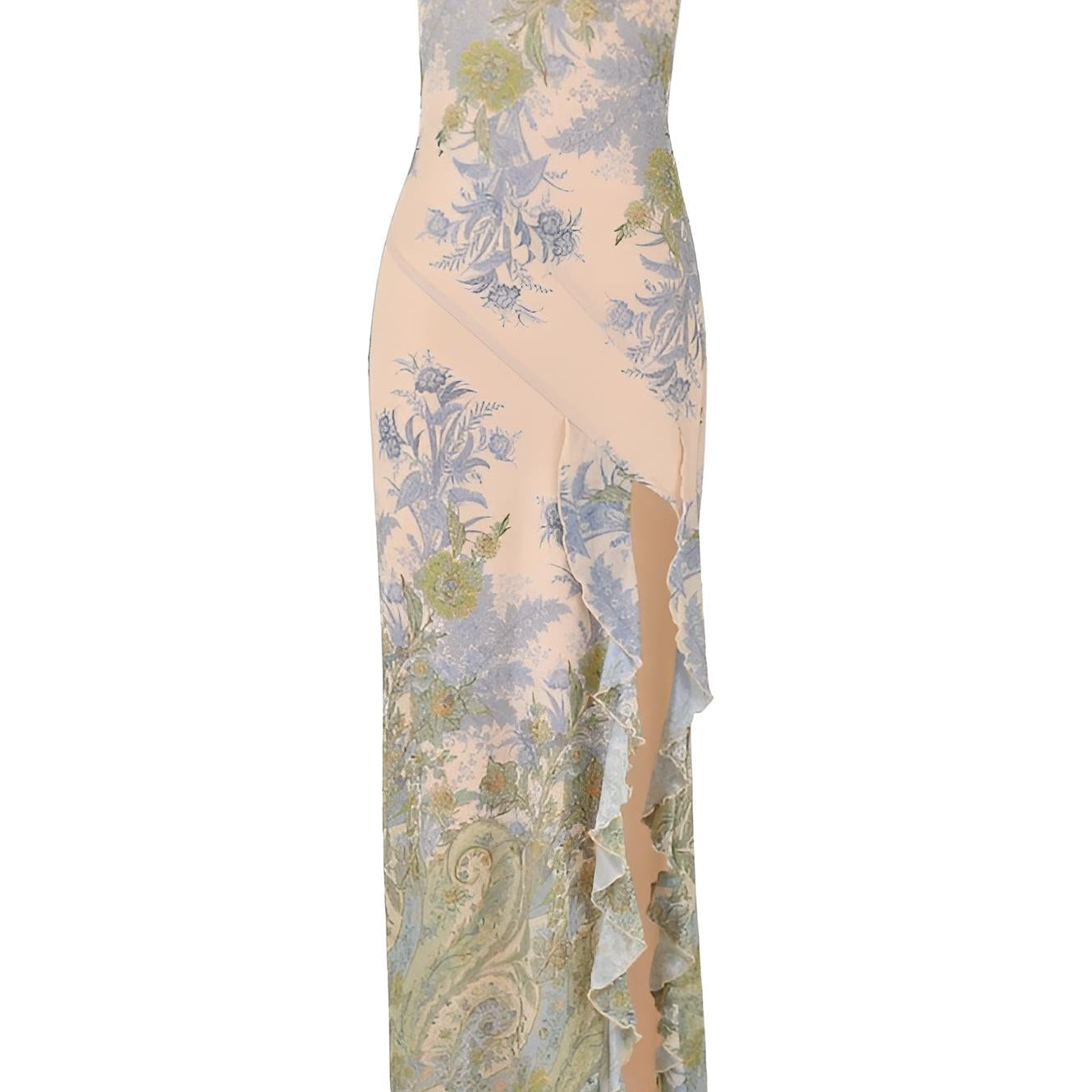 Olyssa Melinda Baskılı Straplez Yırtmaçlı Midi Elbise