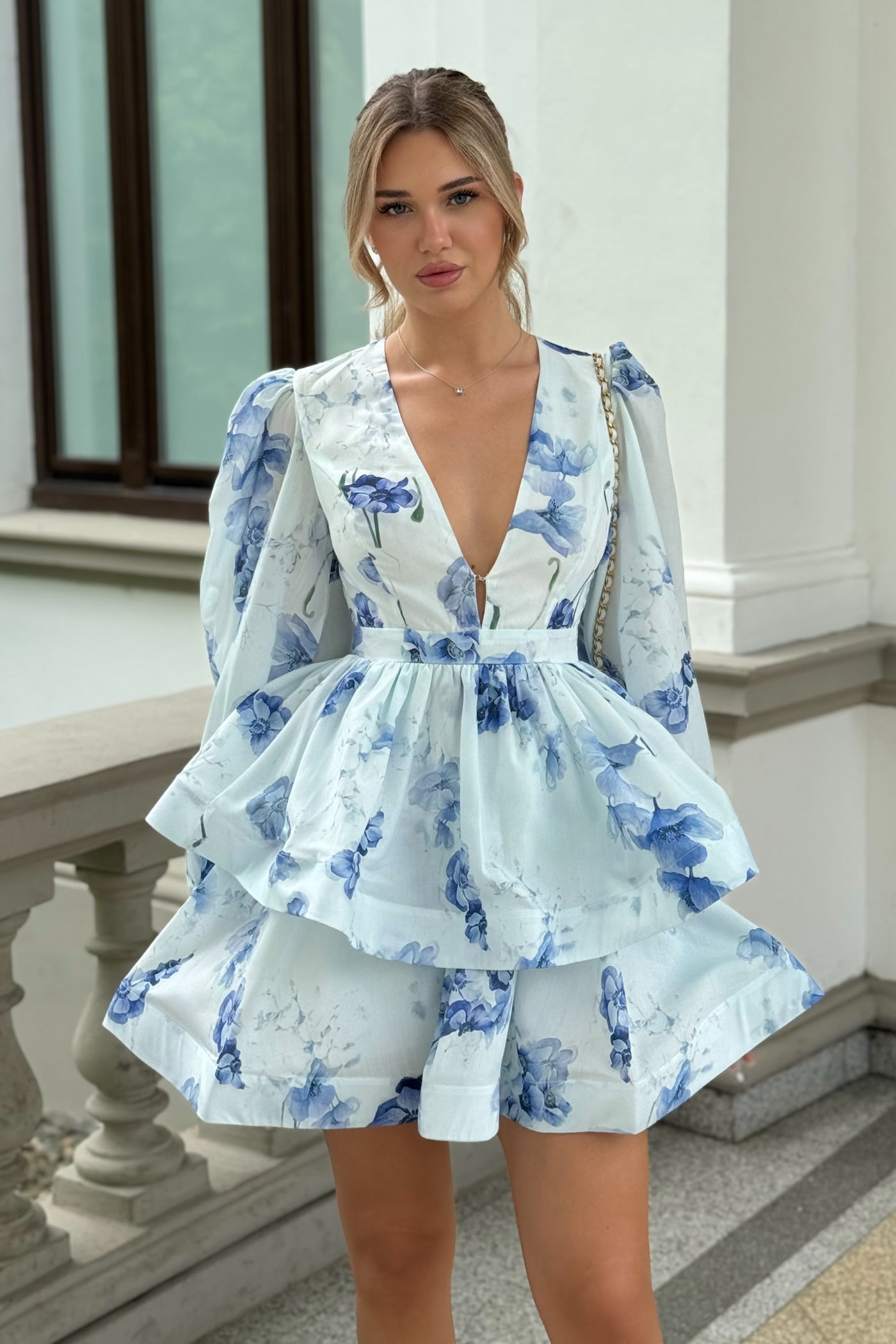 Olyssa Peplum Detaylı Çiçekli Romantik Mini Elbise