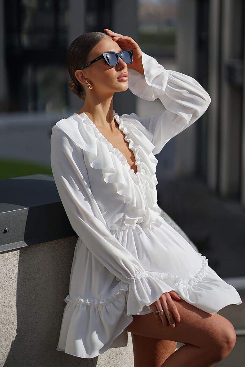 Olyssa Sharon V Yaka Volanlı Mini Elbise