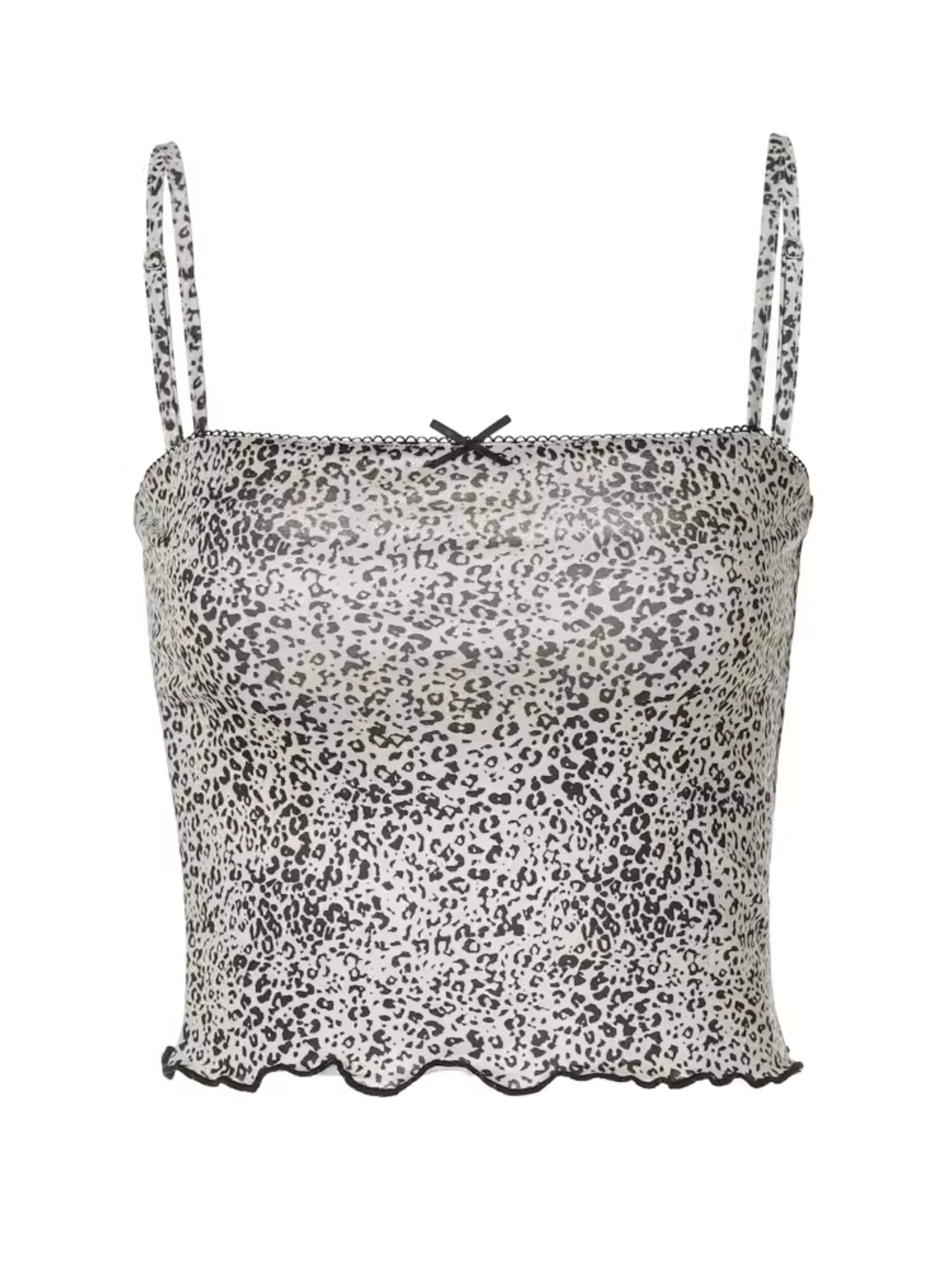 Grecia Leopar Desenli Crop Bluz Premium Polyester Pamuk